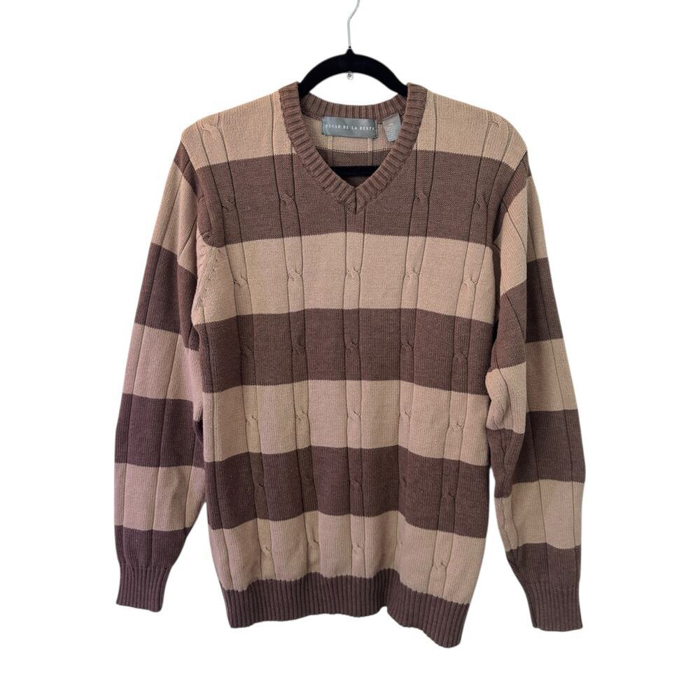 Oscar de la Renta Men's Brown Striped Cable‎ Knit Fisherman V-Neck Sweater